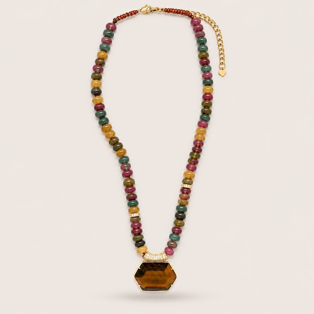 Collier « Multi pierres et pendentif Œil-de-Tigre facetté »