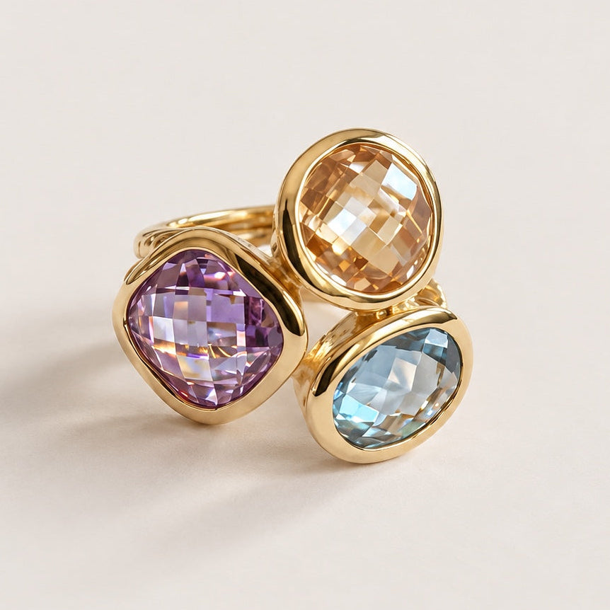 Bague « 3 pierres colorées » plaqué or