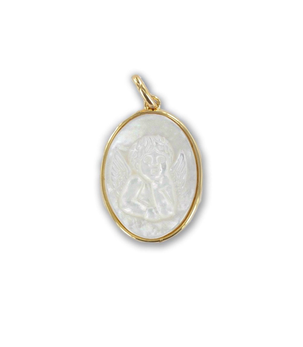 Pendentif “Médaille Ange nacrée ” plaqué or