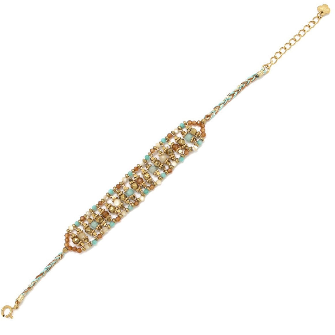 Bracelet « Manchette tressé Amazonite, Nacre & Jaspe Paysage »