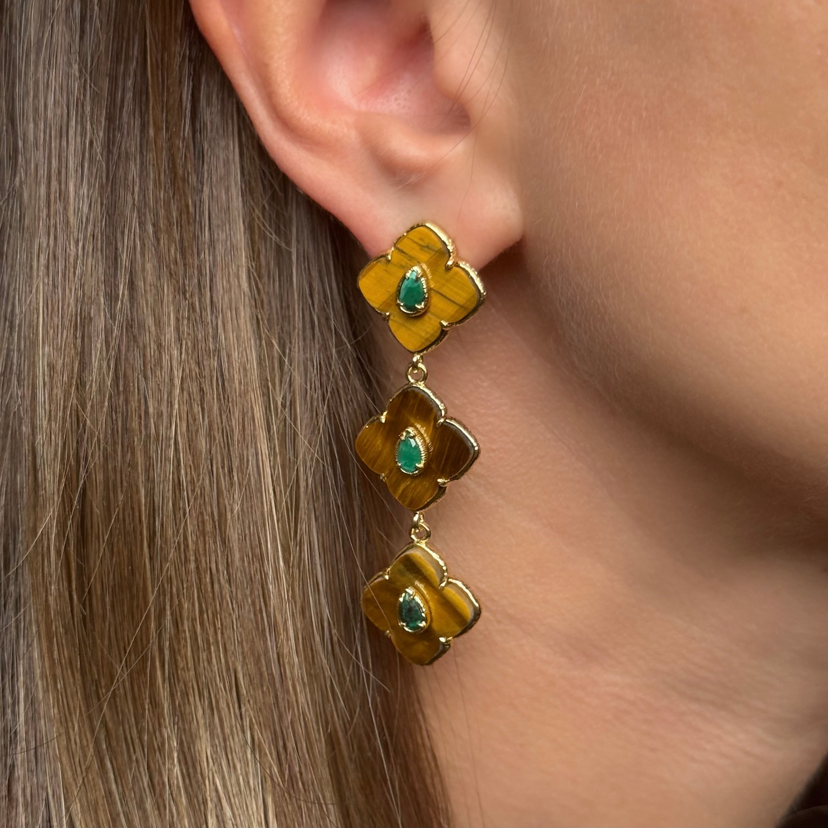 Boucles d’oreilles pendantes "3 Trèfles" Œil de Tigre & Malachite