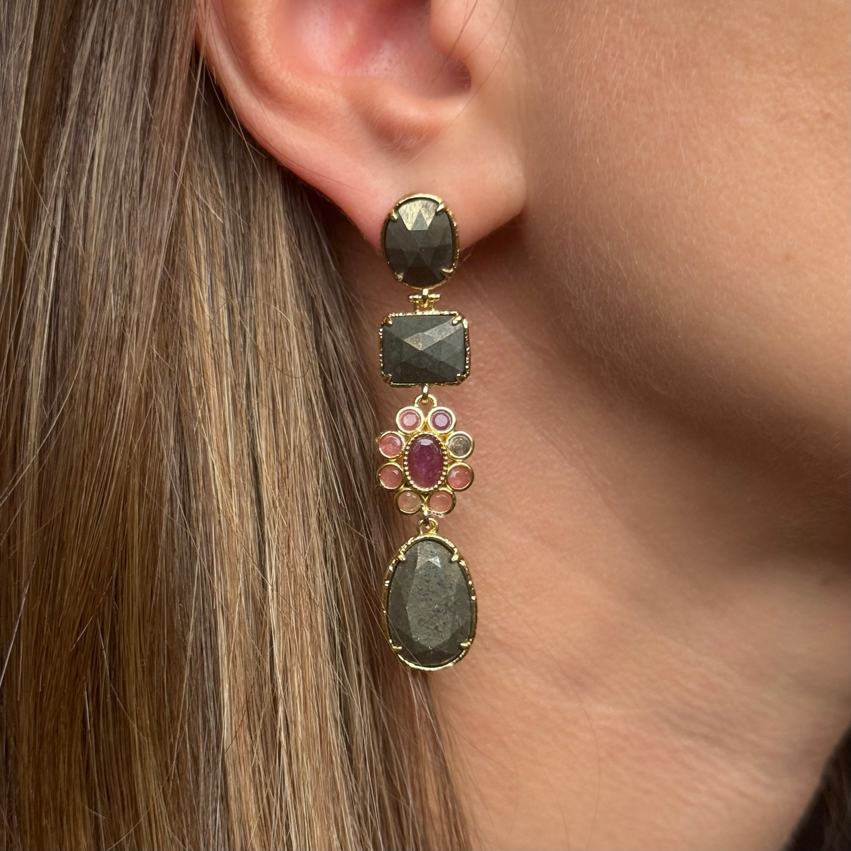 Boucles d'oreilles "Pyrite Fleur Tourmaline"