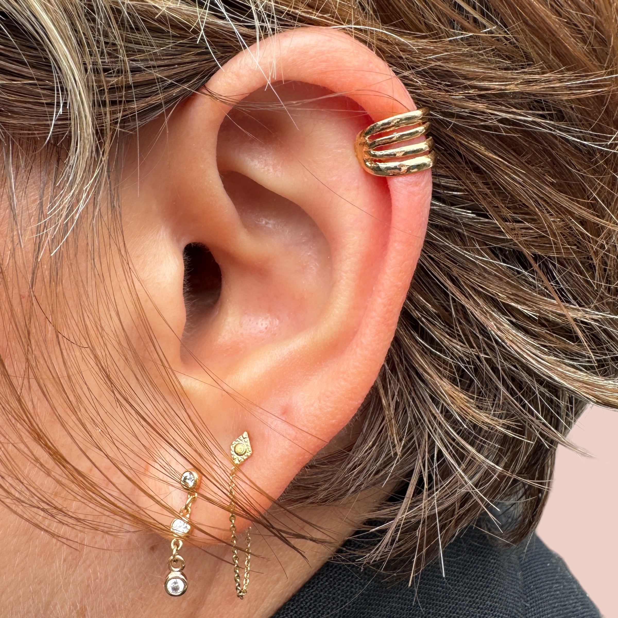 Faux piercing "3 anneaux" plaqué or
