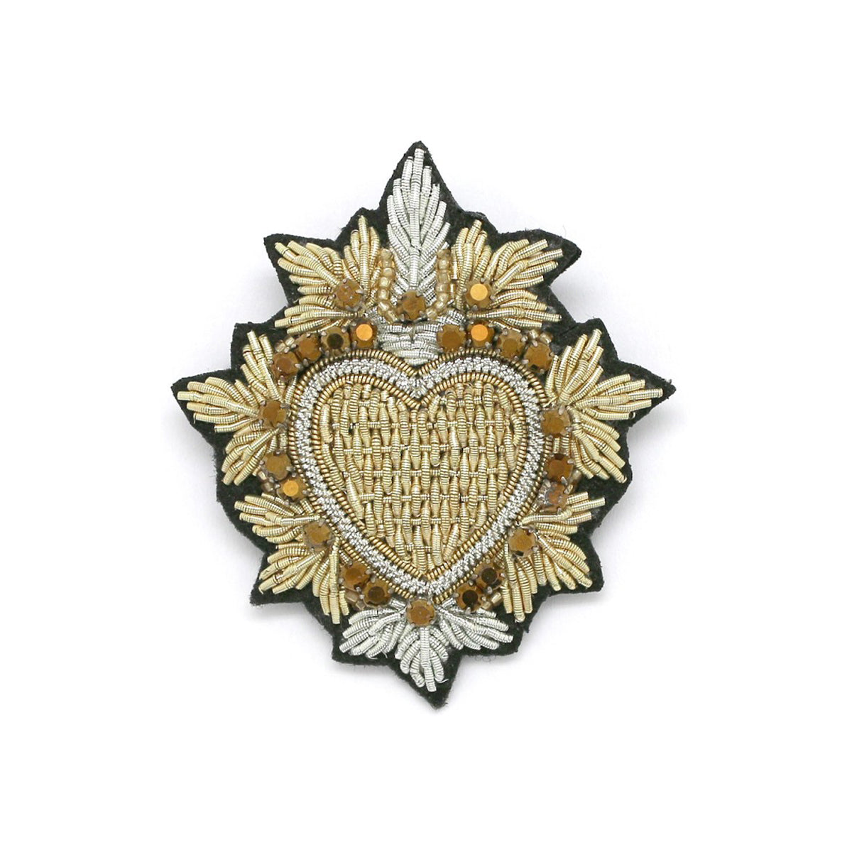 Broche brodée "Coeur doré et argenté"