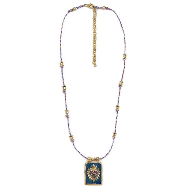 Collier « Plaque médaillon émaillé Cœur Sacré” Bleu Royal et Or