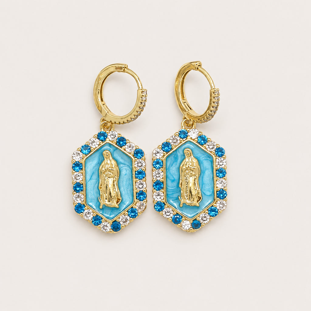Boucles d'oreilles "Médaille Vierge Émaillée bleu"
