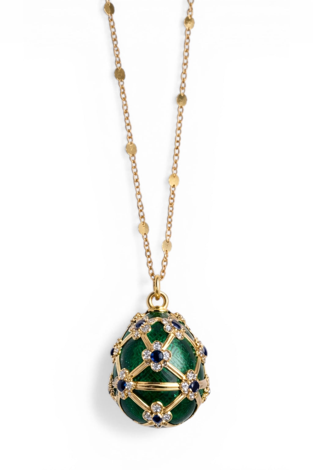 Sautoir « Œuf Impérial » plaqué Or, Émail Vert Émeraude & Zirconium