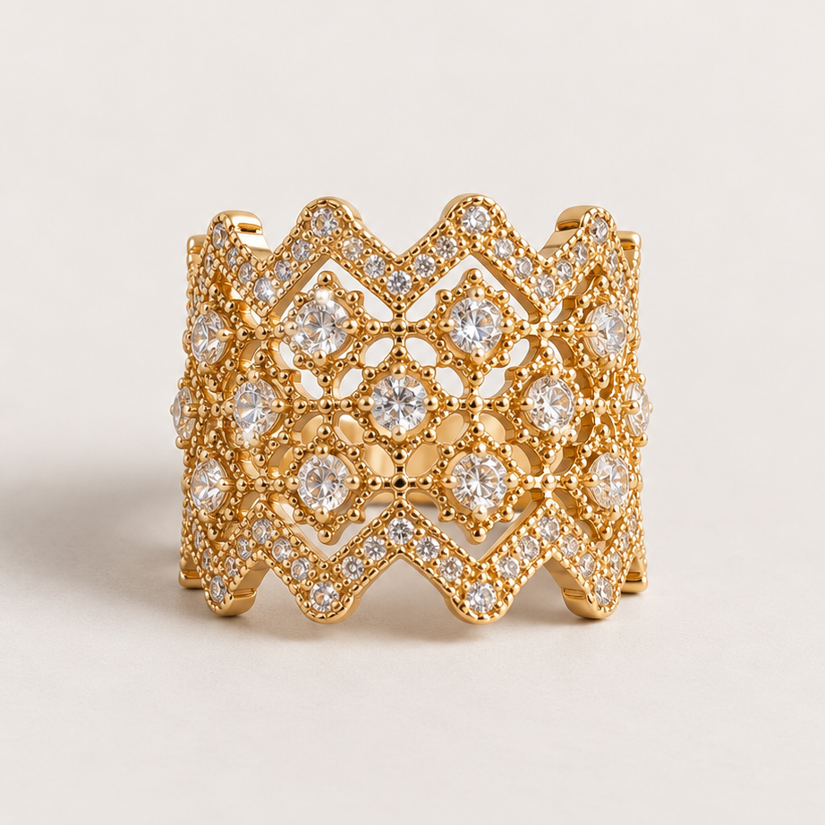 Bague « Large Dentelle » plaqué or et oxydes de zirconium