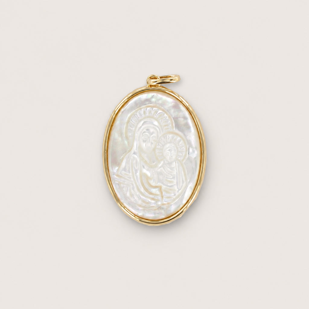 Pendentif "Médaille Vierge à l'Enfant" plaqué or et nacre