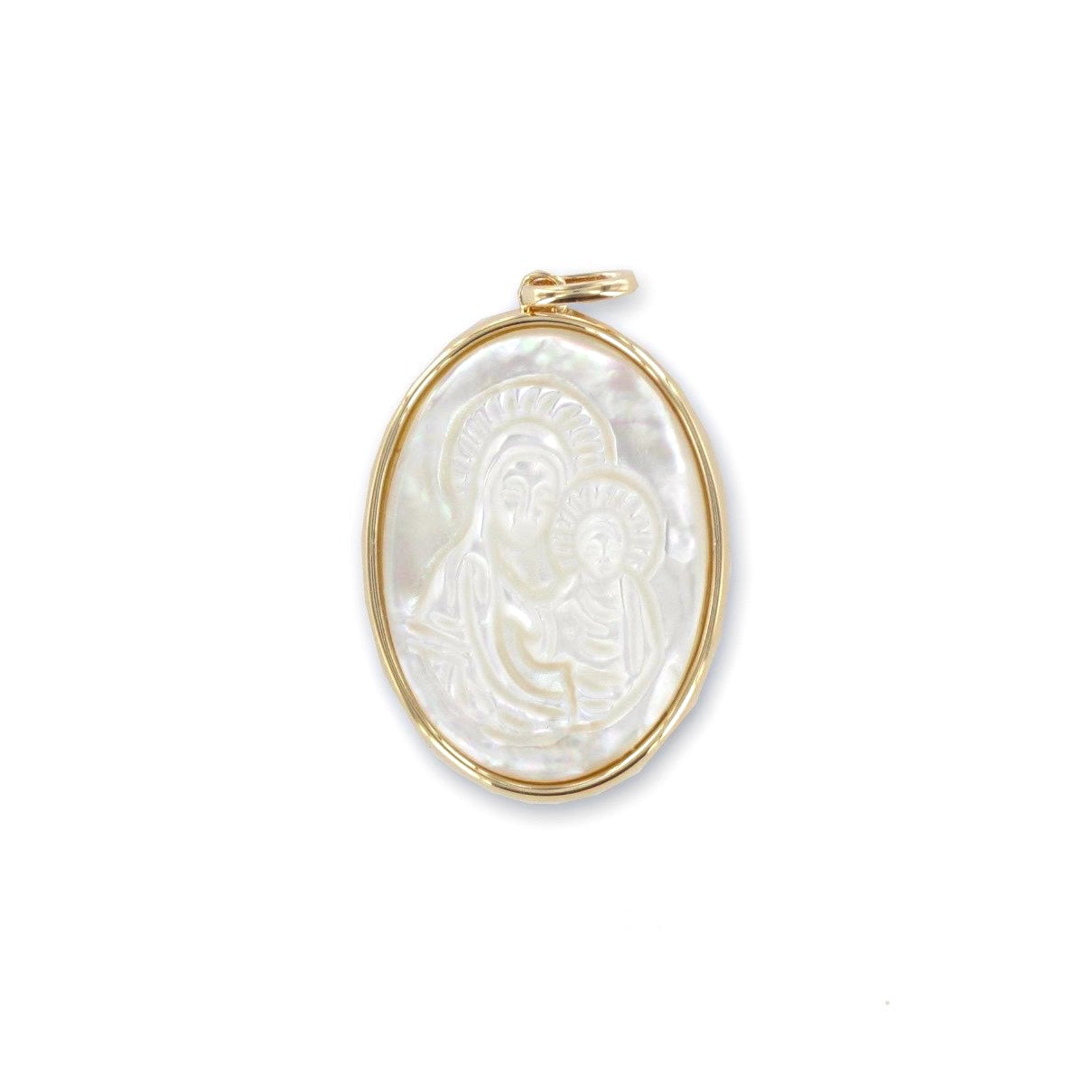 Pendentif "Médaille Vierge à l'Enfant" plaqué or et nacre
