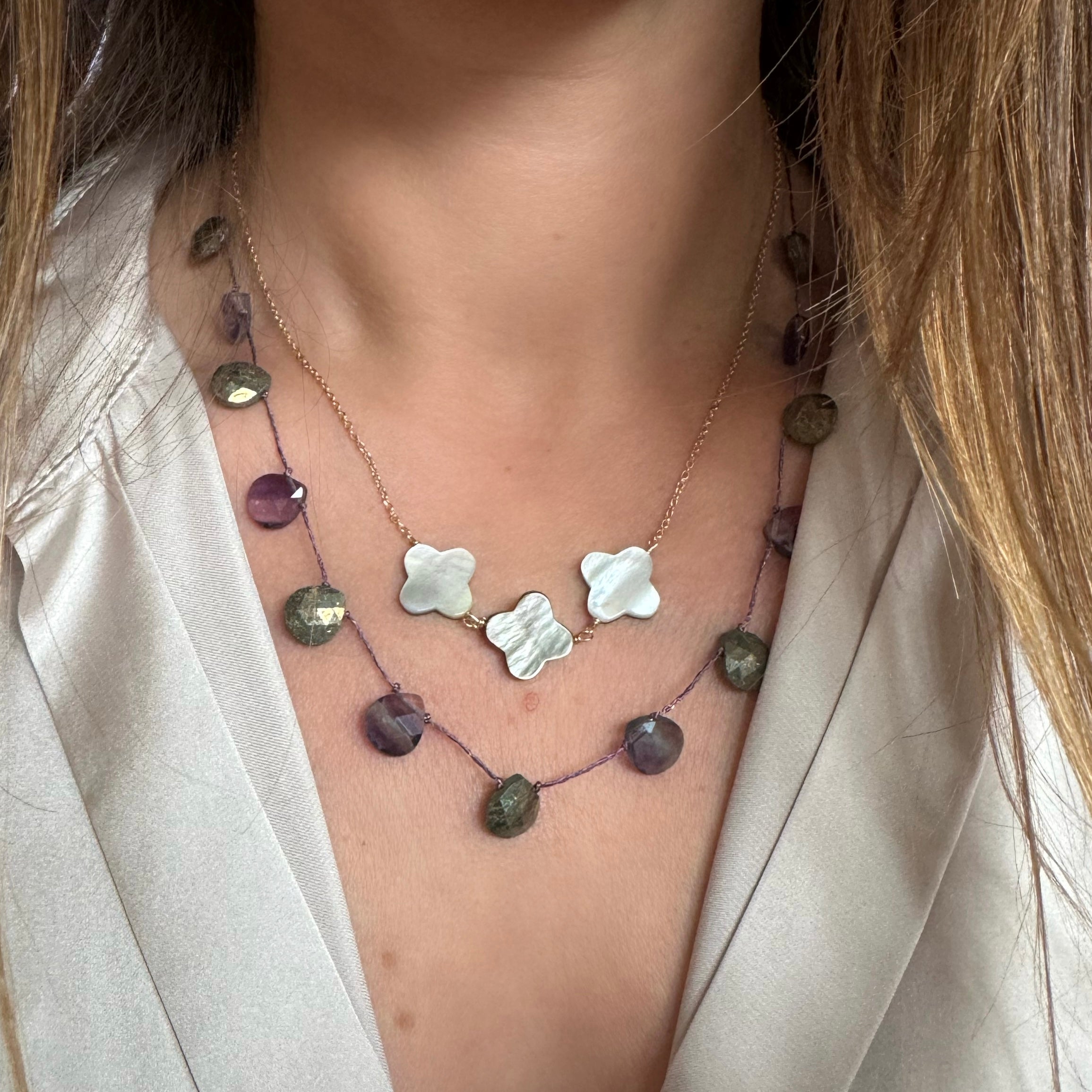 Collier « Pierres sur fil » pyrite et fluorine