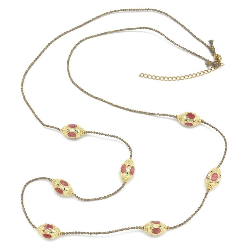 Sautoir “7 Prismes” Tourmaline Rose – Élégance dorée et éclat féminin