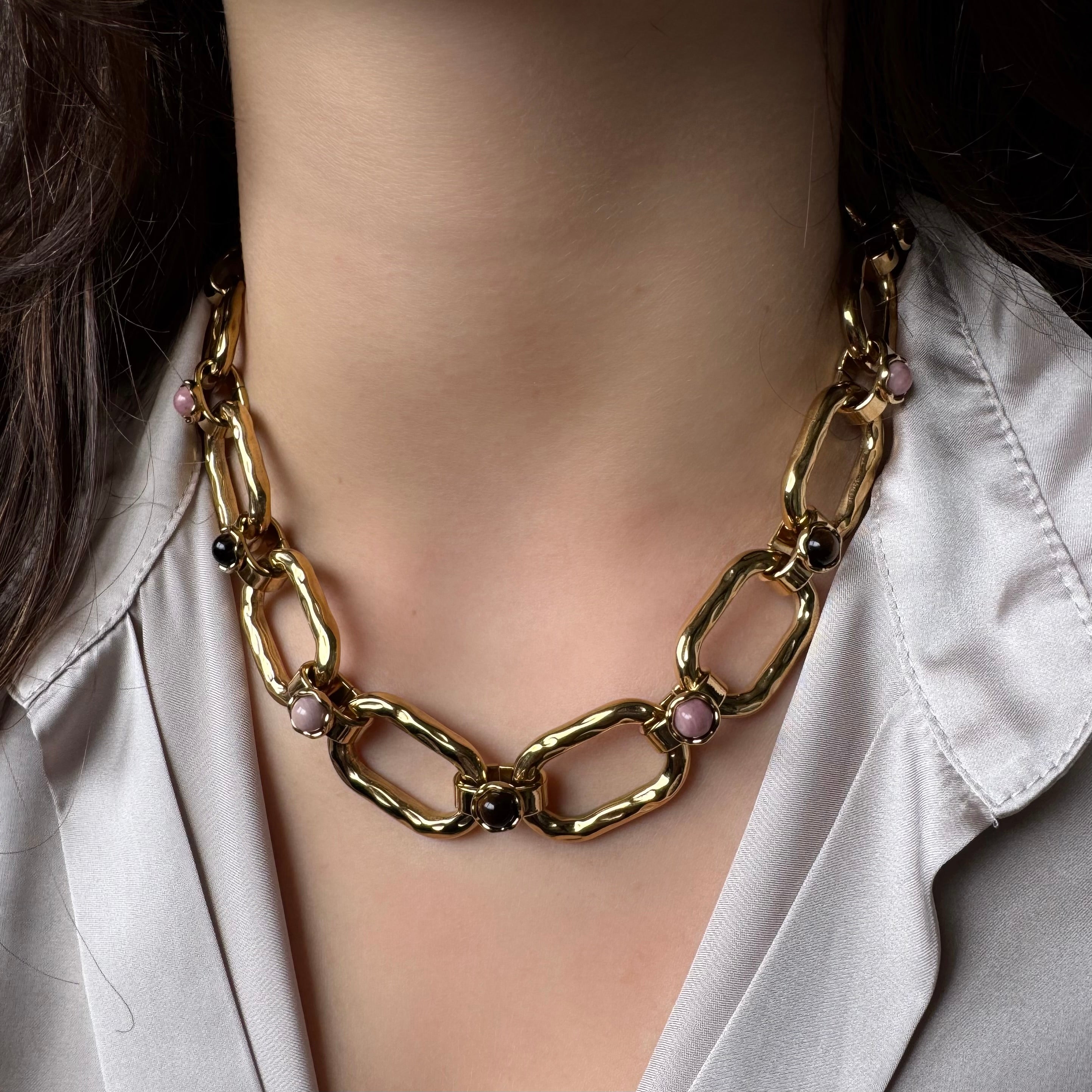 Collier "Maillons rectangulaires onyx & rhodonite "