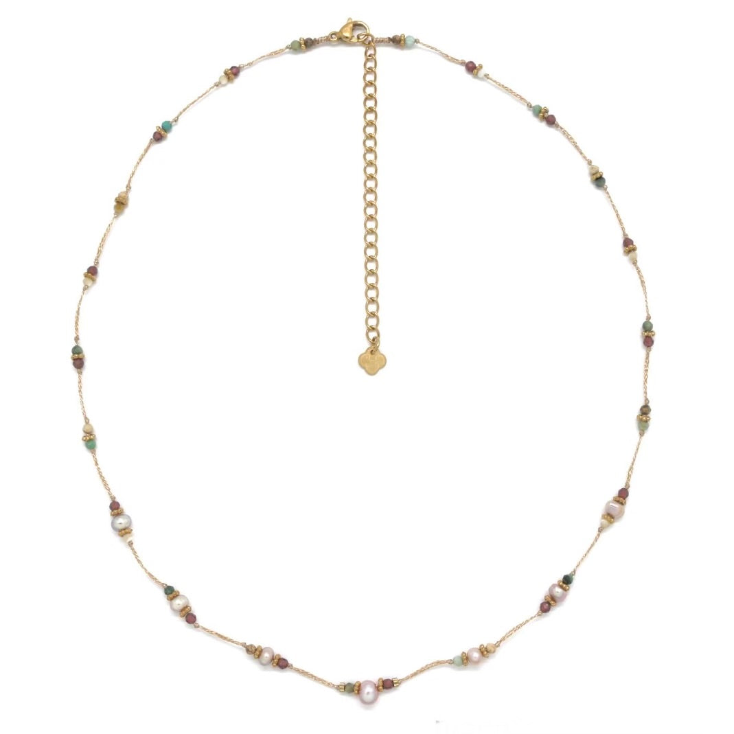 Collier fil « perles d’eau douce rose pierres mix »