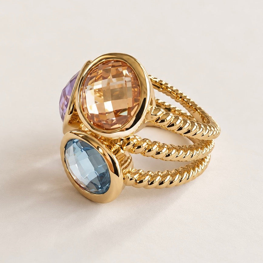 Bague « 3 pierres colorées » plaqué or