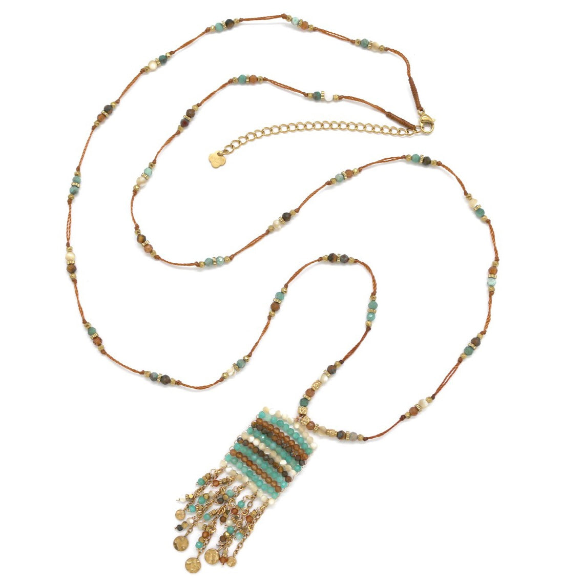 Collier « Sautoir tressé Amazonite à franges dorées »