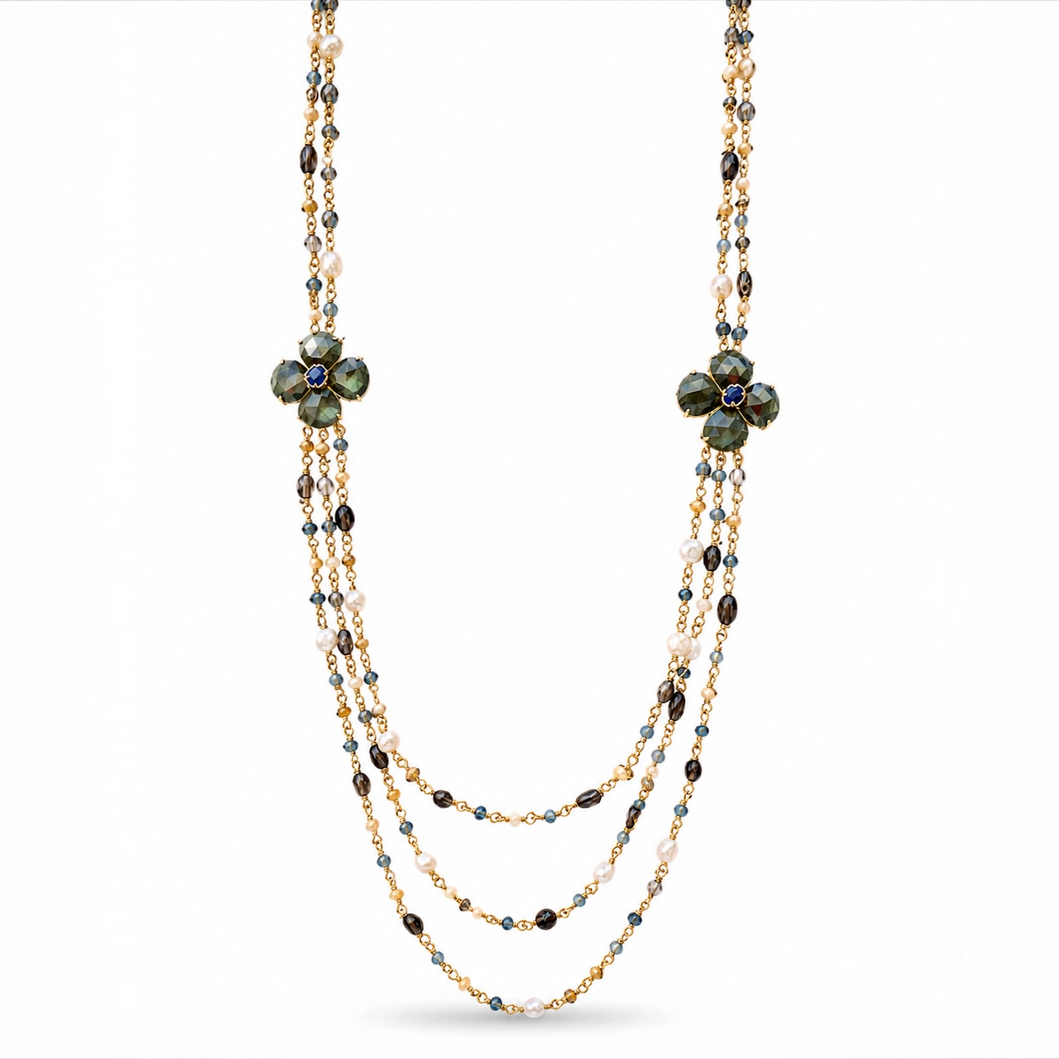 Sautoir « Multi-rangs aux deux Trèfles en Labradorite »