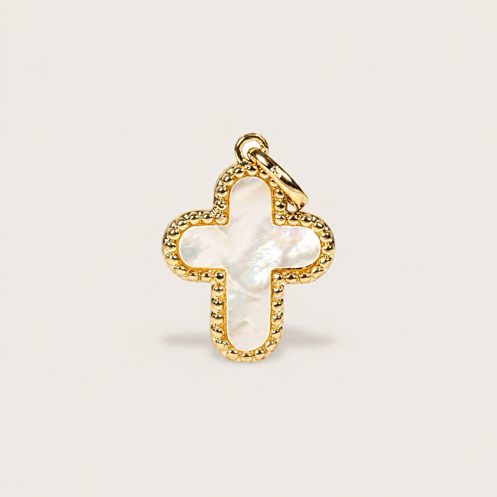 Pendentif "Croix Perlée" plaqué or et nacre