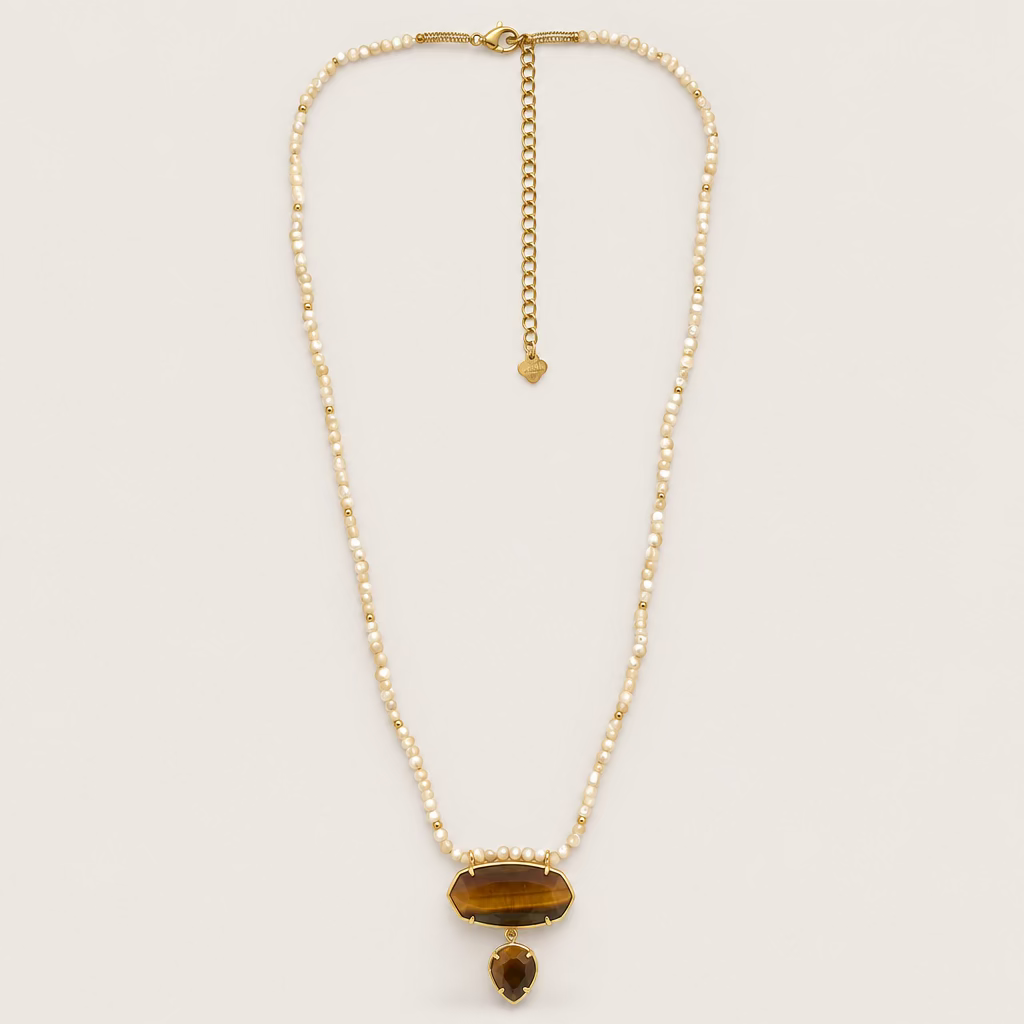 Collier « Nacre et pendentif hexagonal Œil-de-Tigre »