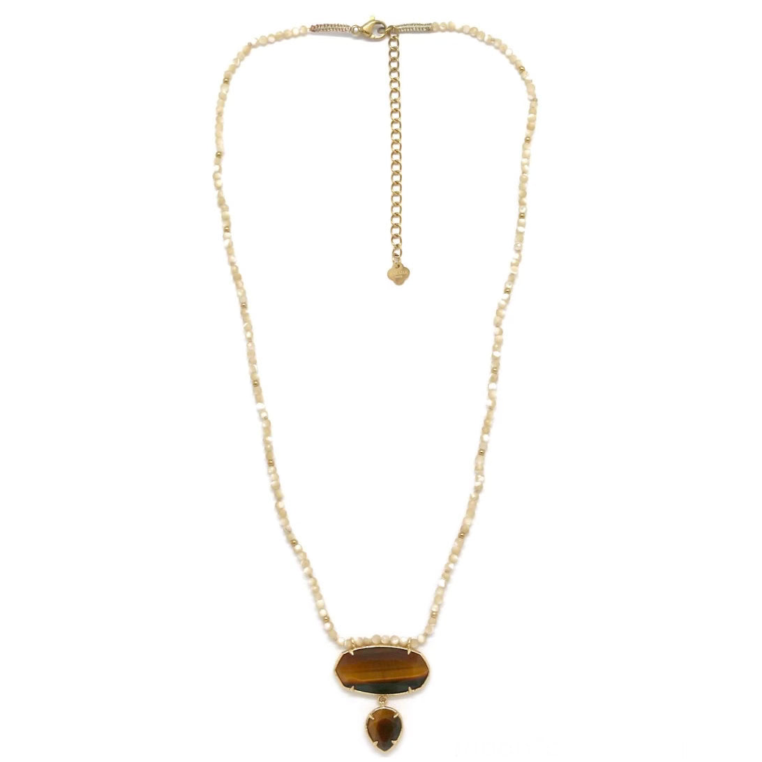 Collier « Nacre et pendentif hexagonal Œil-de-Tigre »