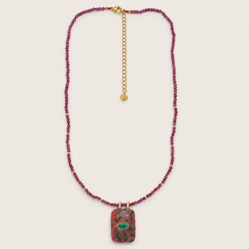 Collier perlé Rubis brut et pendentif Œil