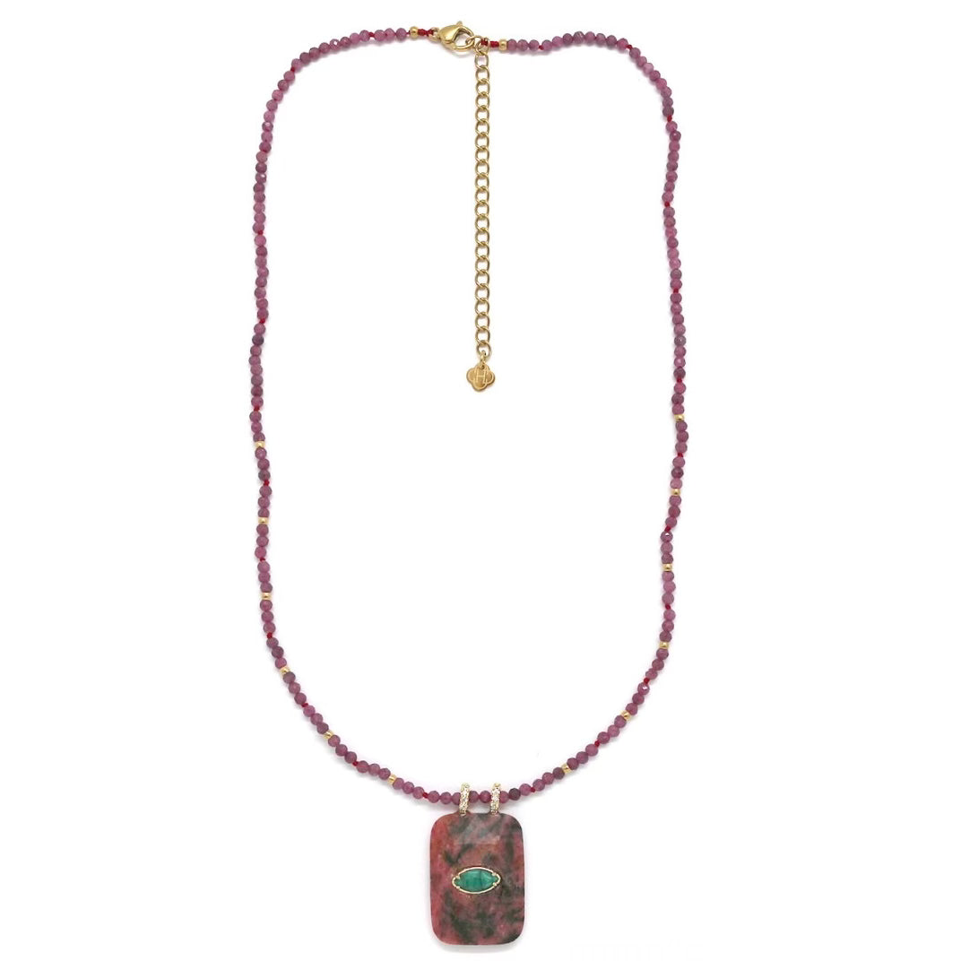 Collier perlé Rubis brut et pendentif Œil