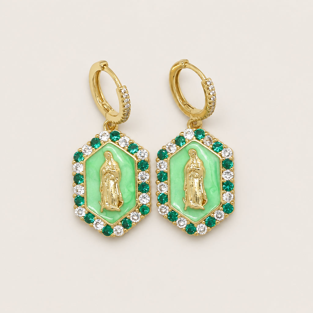 Boucles d'oreilles "Médaille Vierge Émaillée vert"