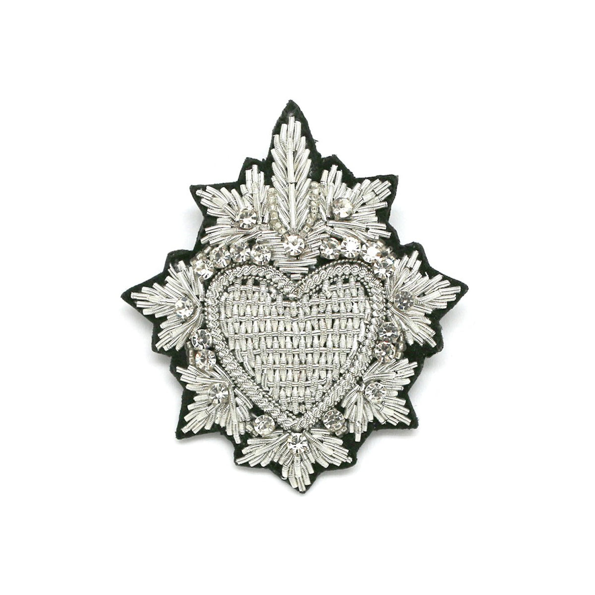 Broche brodée "Coeur argenté et cristaux"