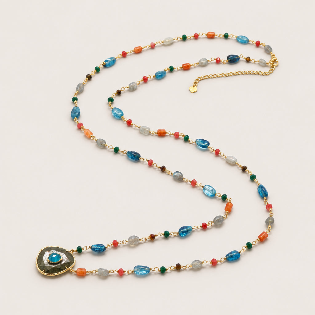 Collier Sautoir "Pyrite et Pierres Naturelles Multicolores"